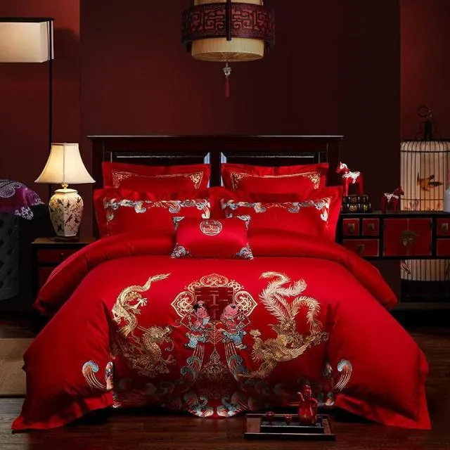 Luxury Red 100% Cotton Oriental Style Embroidery Wedding Bedding Sets