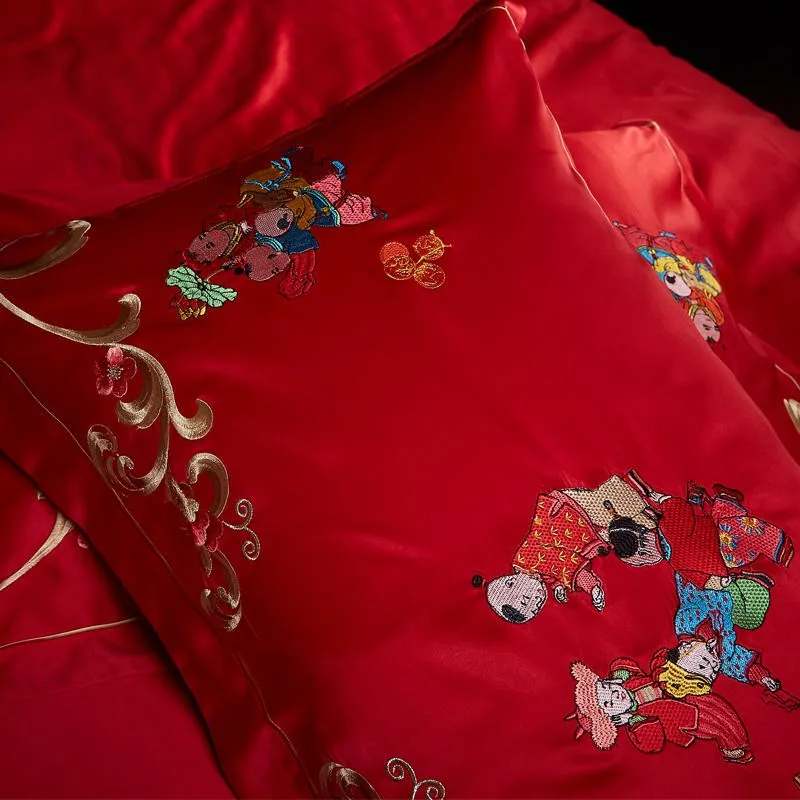 Luxury Red 100% Cotton Oriental Style Embroidery Wedding Bedding Sets