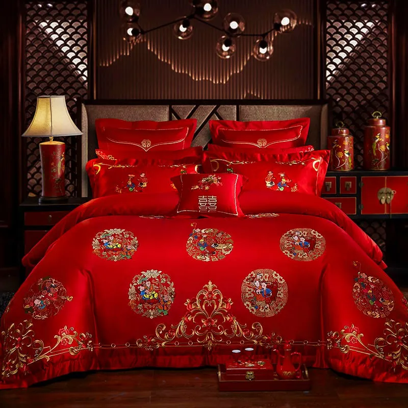 Luxury Red 100% Cotton Oriental Style Embroidery Wedding Bedding Sets