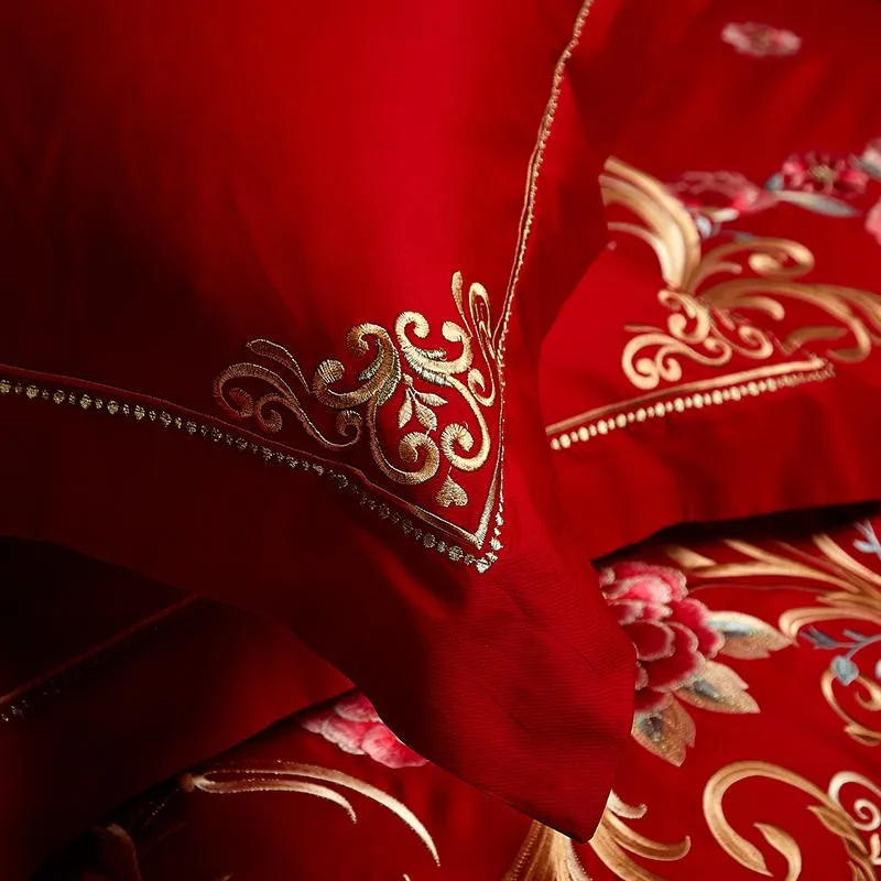 Luxury Red 100% Cotton Oriental Style Embroidery Wedding Bedding Sets