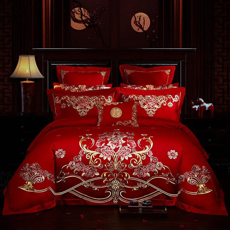 Luxury Red 100% Cotton Oriental Style Embroidery Wedding Bedding Sets