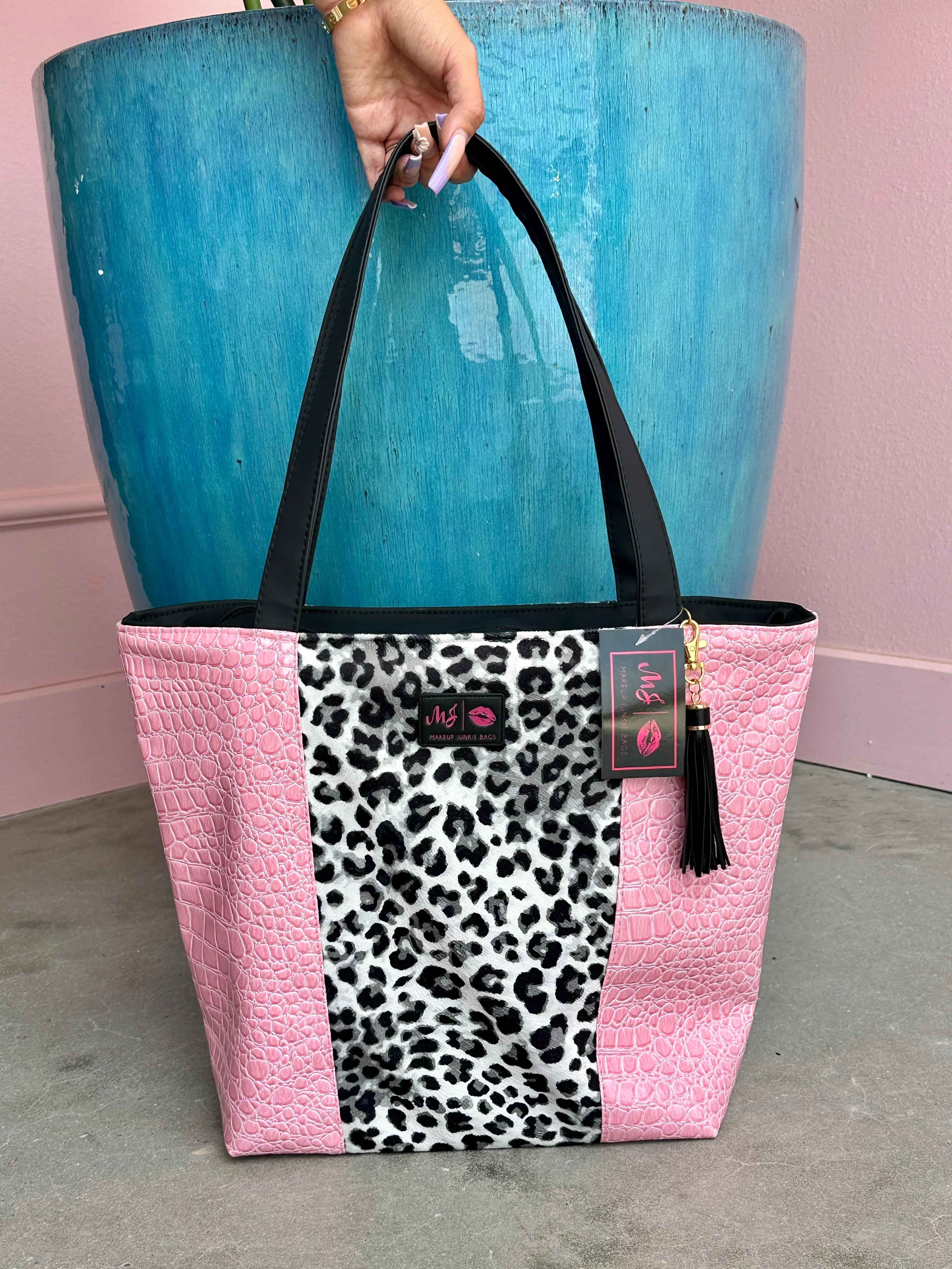 Makeup Junkie Bags - Jungle Cat Sable & Bubble Gum Gator Two Toned Tote [Pre Order]