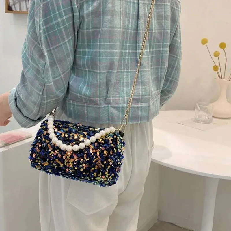 Mini Sequin & Faux Pearl Decor Satchel Bag