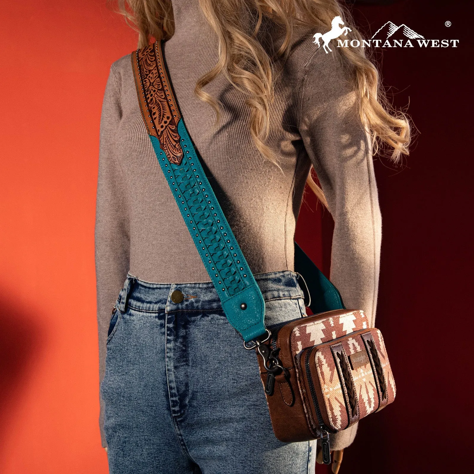 Montana West Western Turquoise Floral Tooled Crossbody Strap