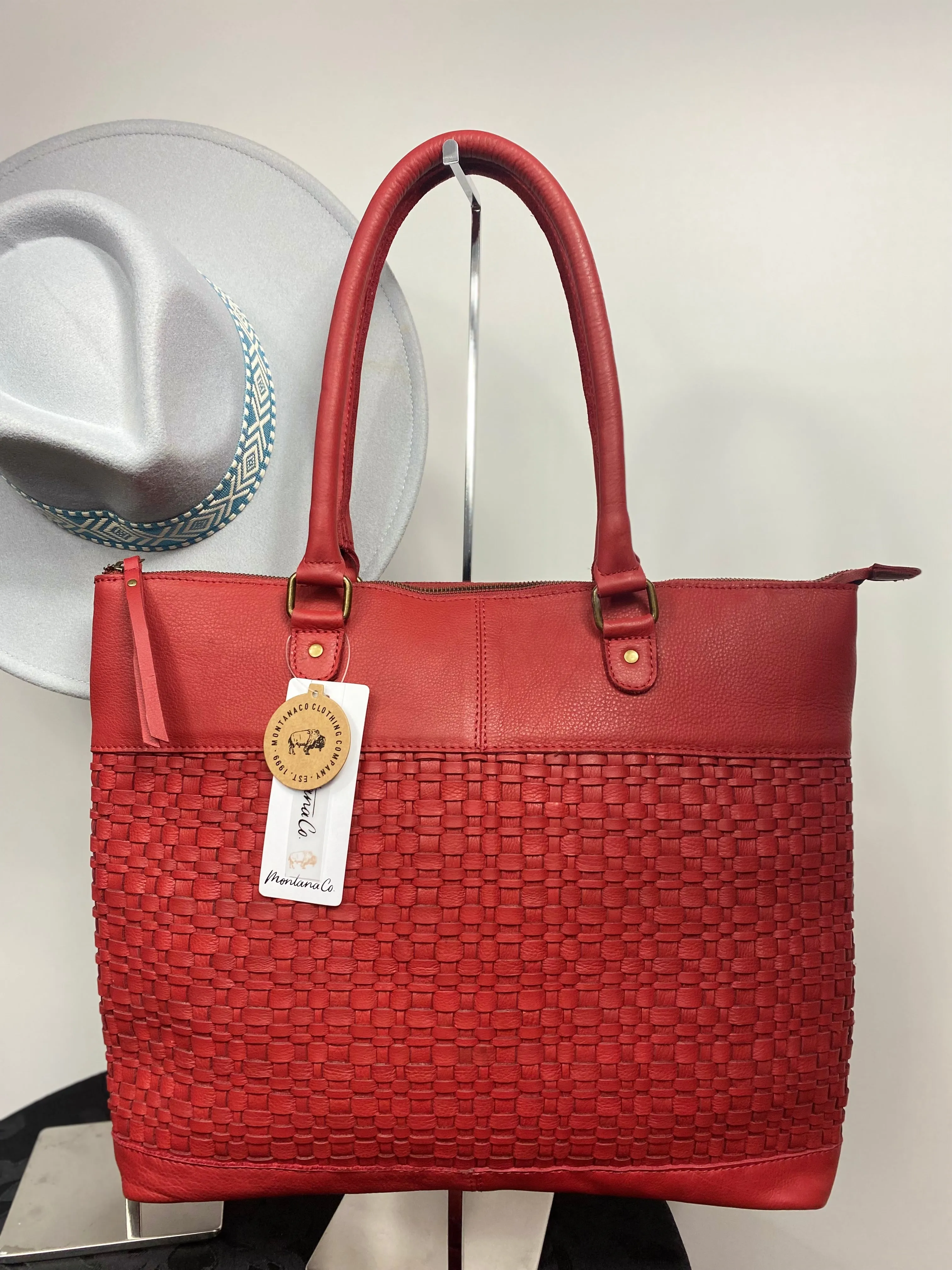 MontanaCo Pure Leather Weave Concealed Carry Tote Bag- Cherry