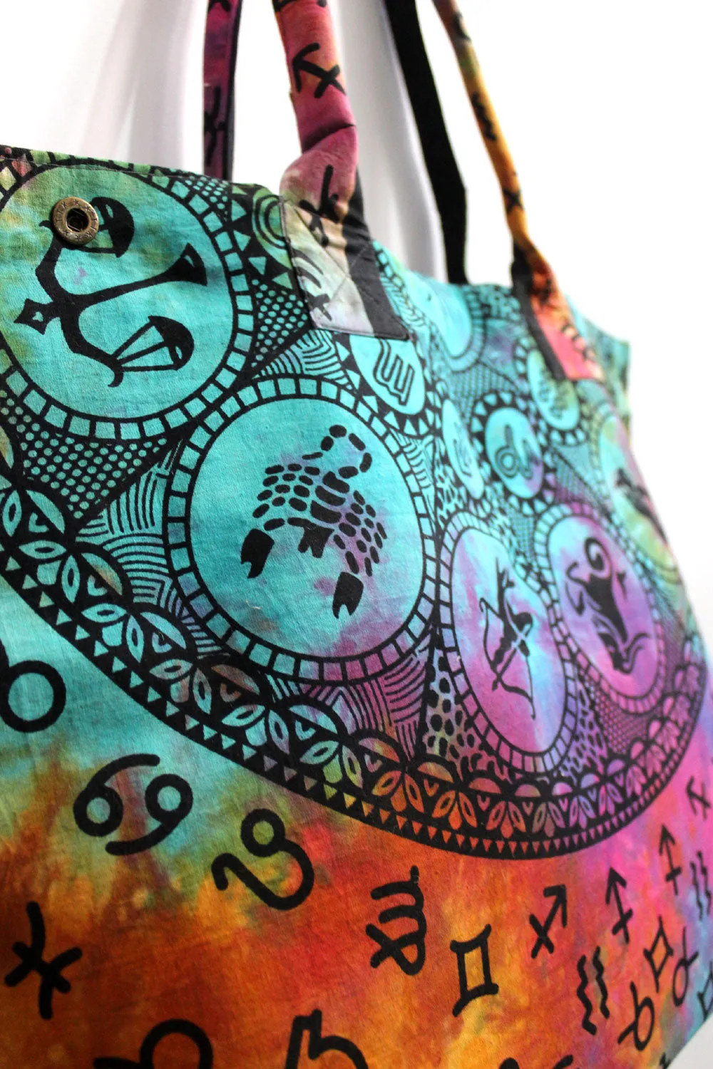 Multicolor Zodiac Design Tote Bag Hand Stitch Shopping Bag