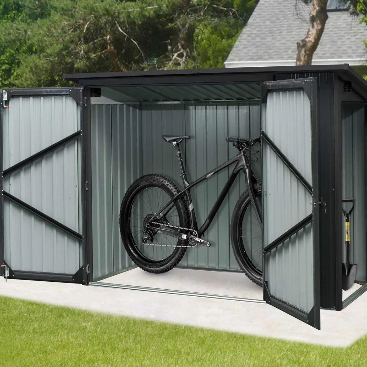 TMG Industrial 4’ x 8’ Bicycle Metal Pent Shed, 29 Gauge Corrugated Metal, 70” Upper edge, TMG-MS0408