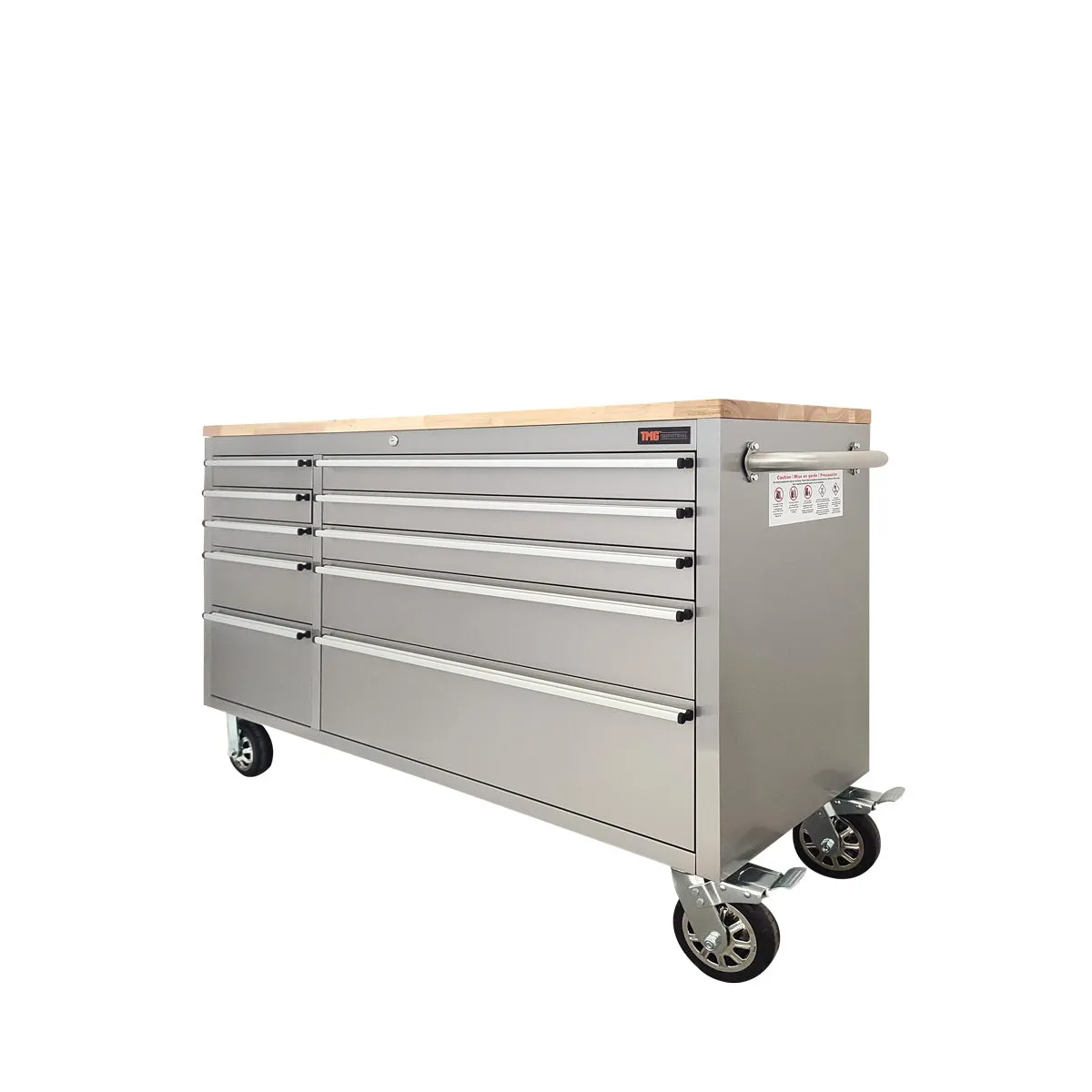 TMG Industrial 55” Stainless Steel Rolling Workbench, Rubberwood Tabletop, Lockable Drawers, Locking Wheels, TMG-WB5510S