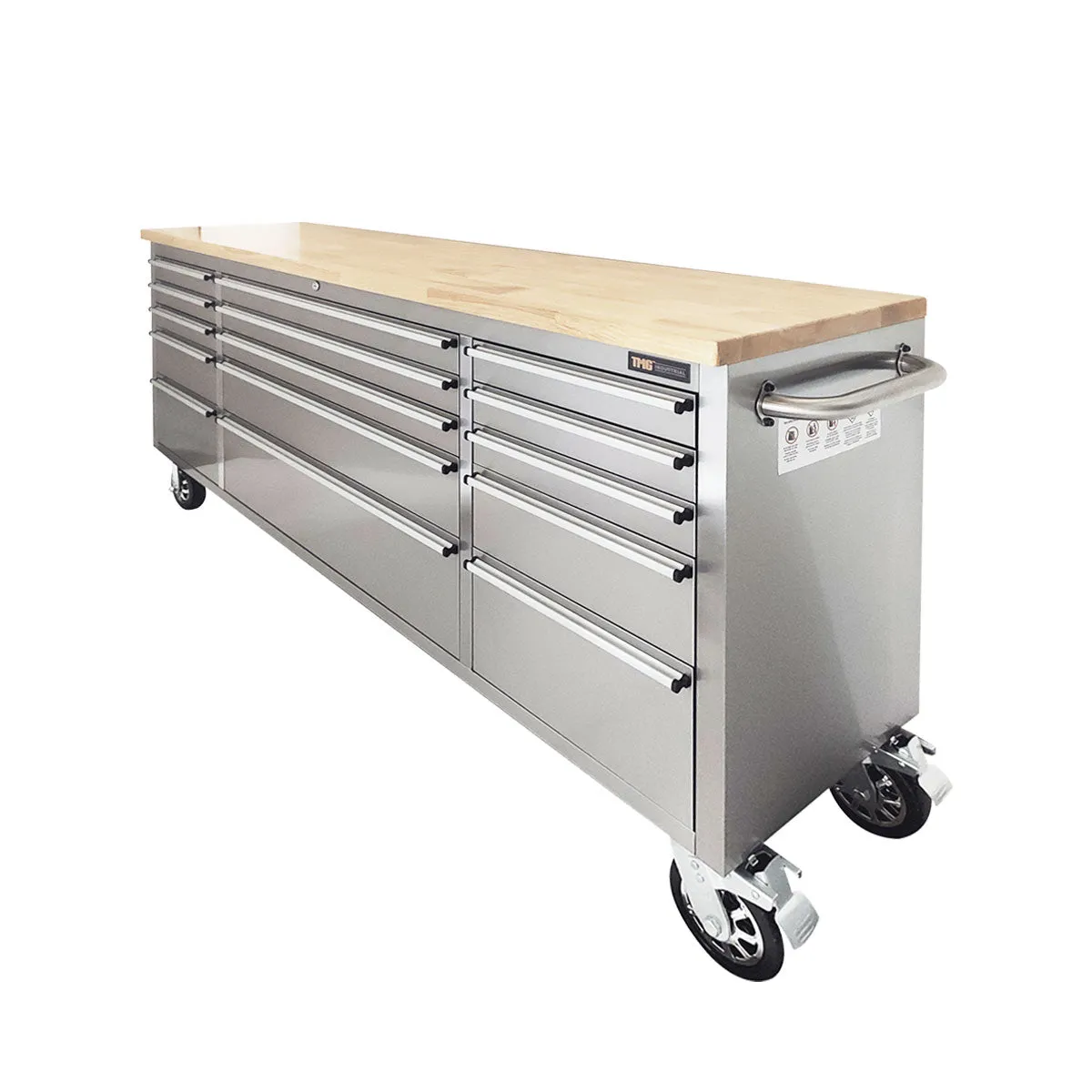 TMG Industrial 72” Stainless Steel Rolling Workbench, Rubberwood Tabletop, 15 Lockable Drawers, Locking Wheels, TMG-WB7215S