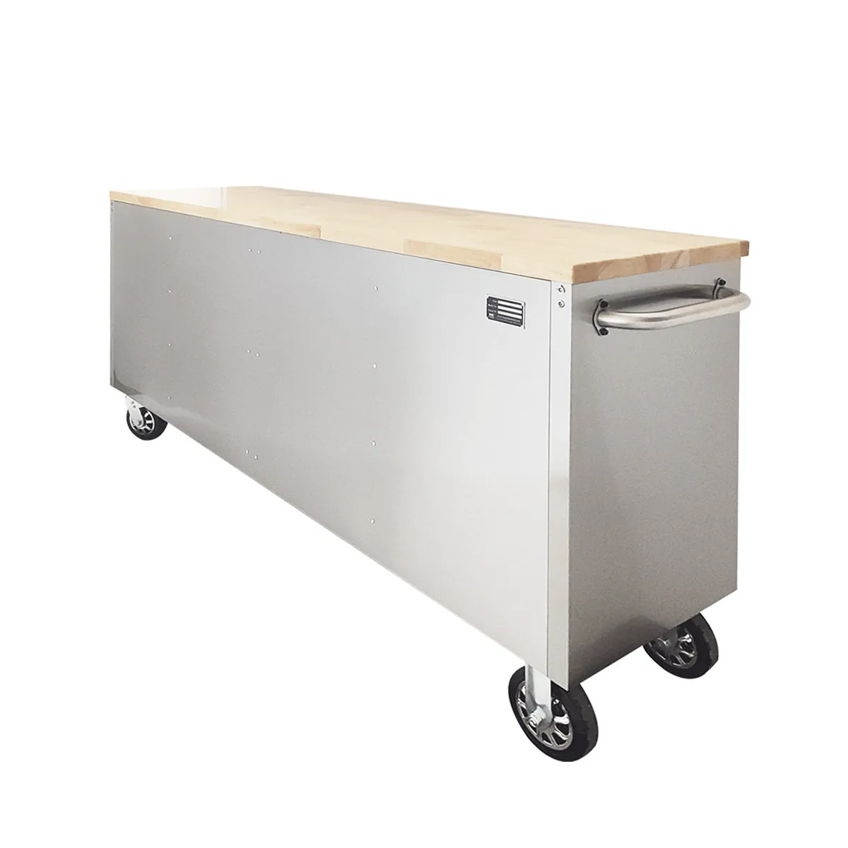 TMG Industrial 72” Stainless Steel Rolling Workbench, Rubberwood Tabletop, 15 Lockable Drawers, Locking Wheels, TMG-WB7215S