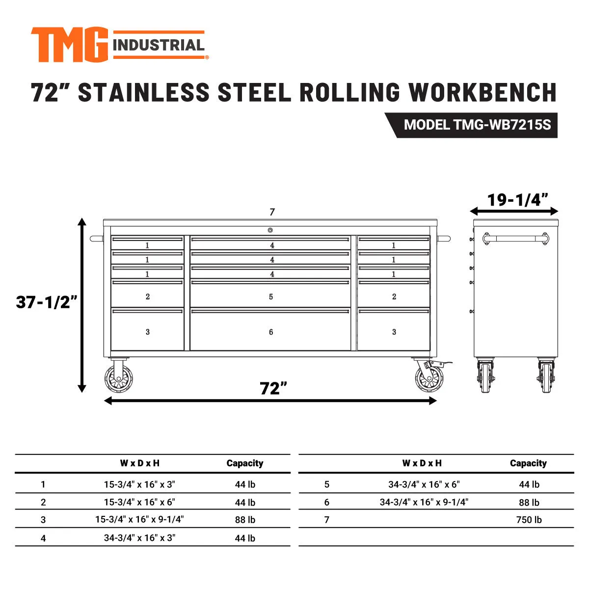 TMG Industrial 72” Stainless Steel Rolling Workbench, Rubberwood Tabletop, 15 Lockable Drawers, Locking Wheels, TMG-WB7215S