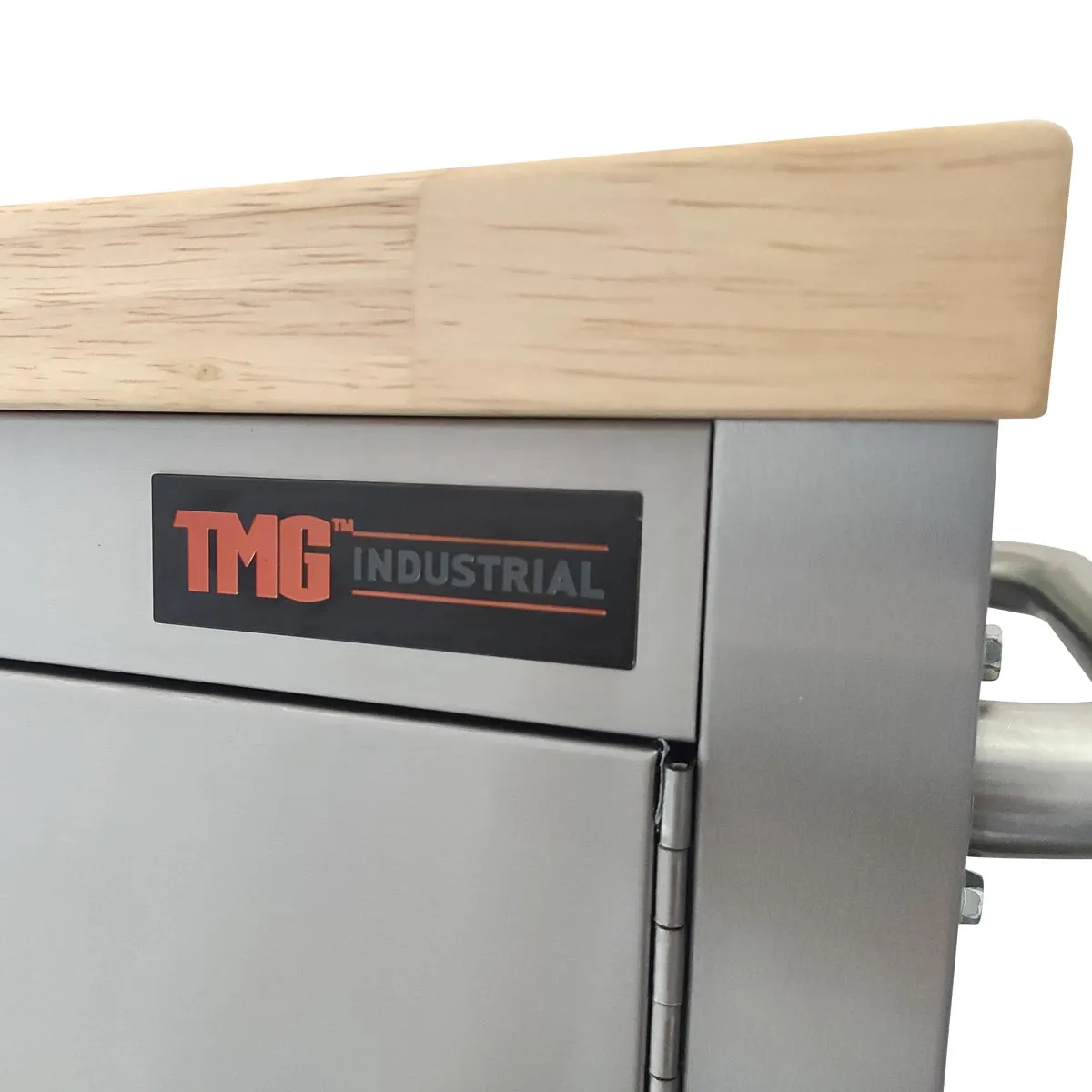 TMG Industrial 72” Stainless Steel Rolling Workbench, Rubberwood Tabletop, Lockable Drawers and Cabinet, Locking Wheels, TMG-WB7210S