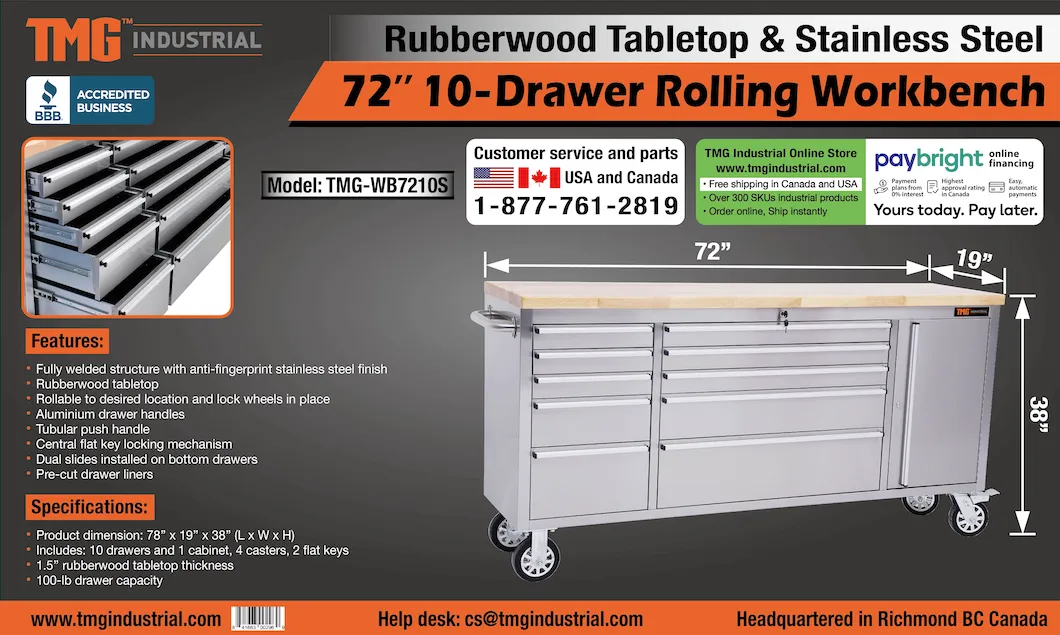 TMG Industrial 72” Stainless Steel Rolling Workbench, Rubberwood Tabletop, Lockable Drawers and Cabinet, Locking Wheels, TMG-WB7210S