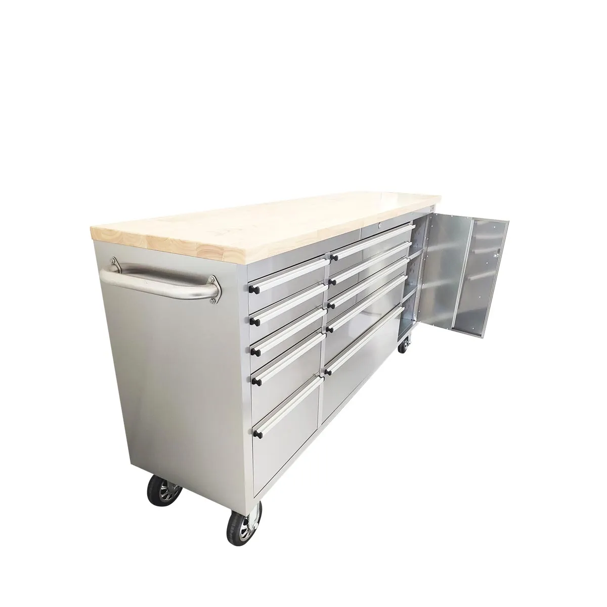 TMG Industrial 72” Stainless Steel Rolling Workbench, Rubberwood Tabletop, Lockable Drawers and Cabinet, Locking Wheels, TMG-WB7210S