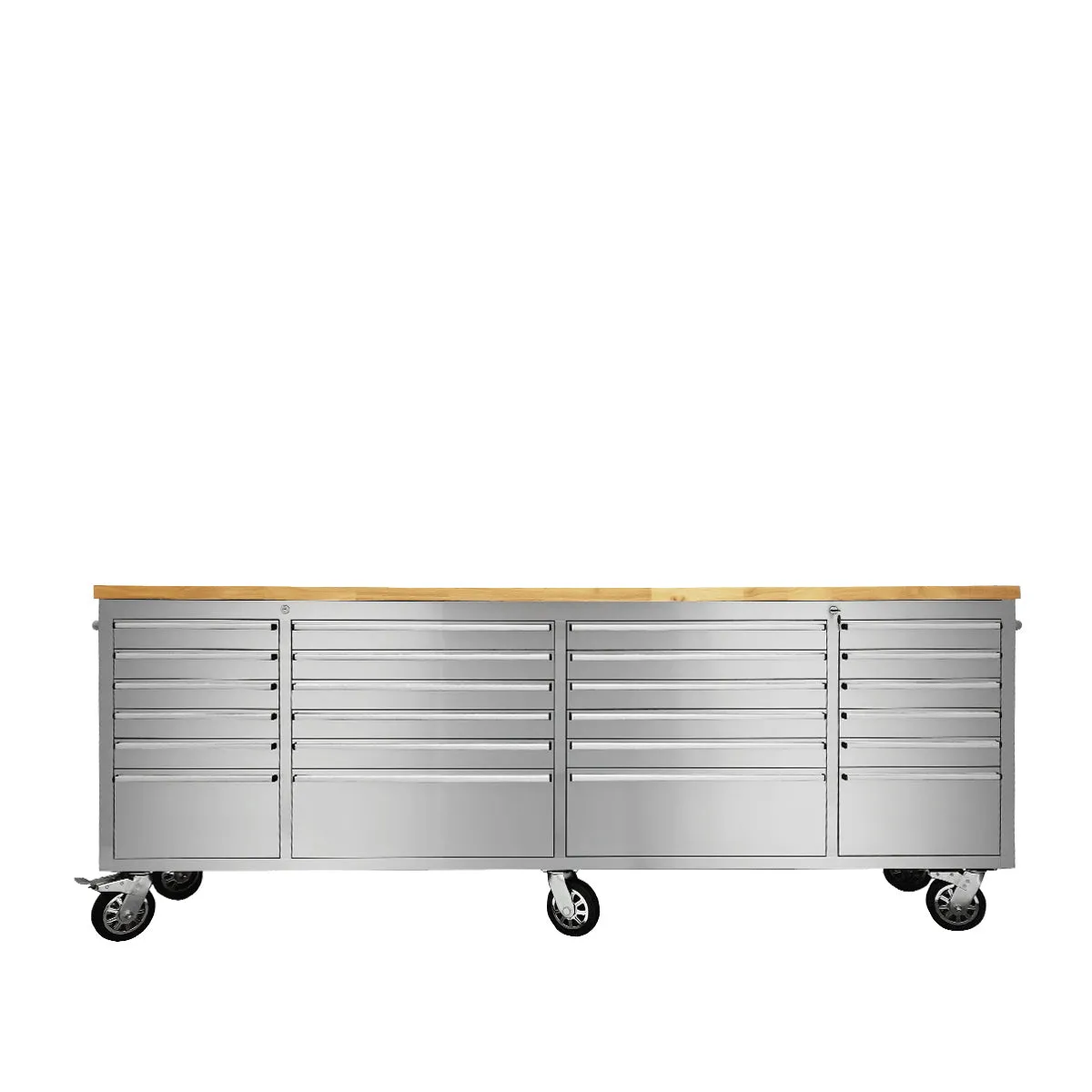 TMG Industrial 96” Stainless Steel Rolling Workbench, Rubberwood Tabletop, 24 Lockable Drawers, Locking Wheels, TMG-WB9624S