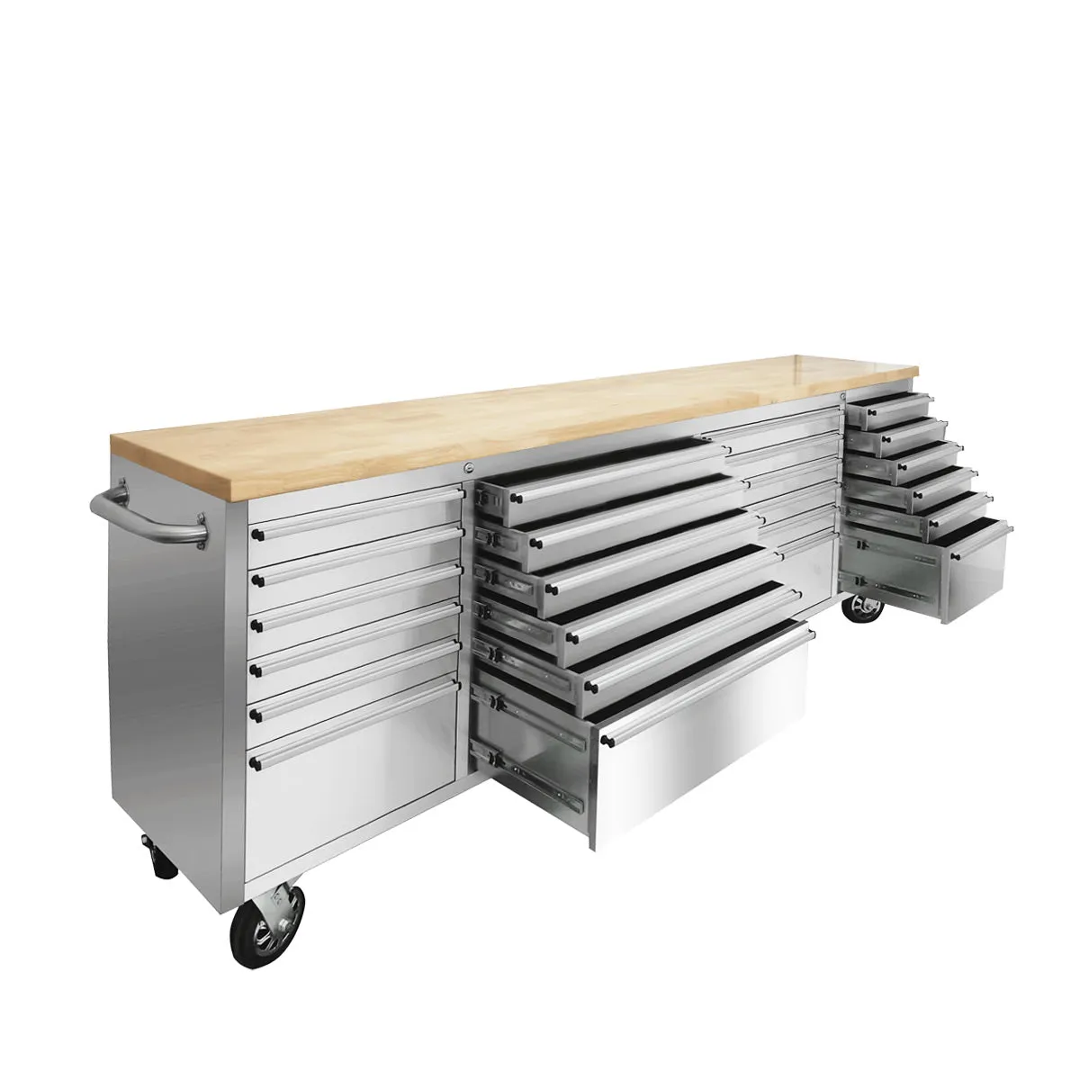 TMG Industrial 96” Stainless Steel Rolling Workbench, Rubberwood Tabletop, 24 Lockable Drawers, Locking Wheels, TMG-WB9624S