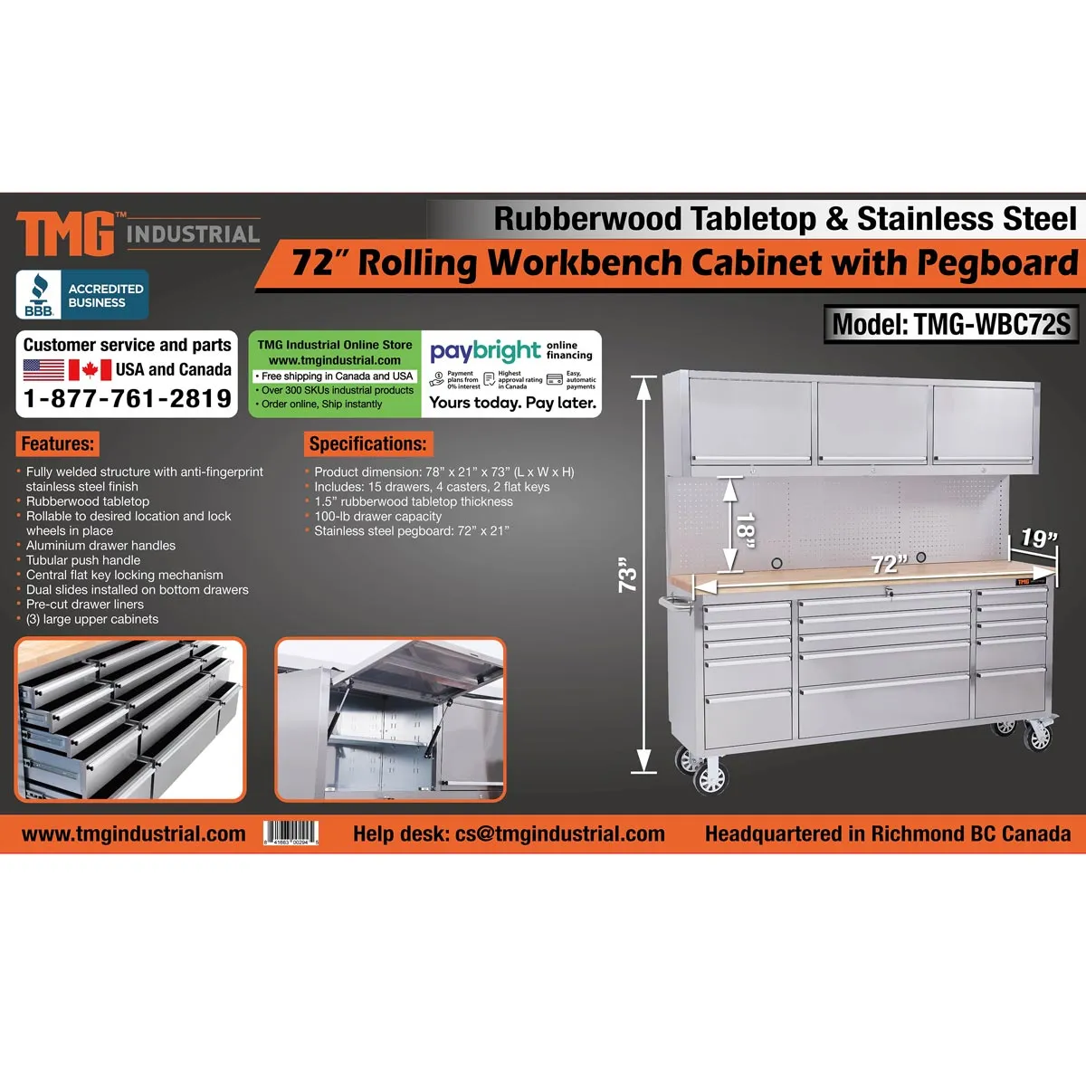 TMG Industrial Stainless Steel 72” Rolling Workbench Cabinet Combo, 15 Lockable Drawers, Wall-Mounted Cabinets, Pegboard, Adjustable Shelving, TMG-WBC72S