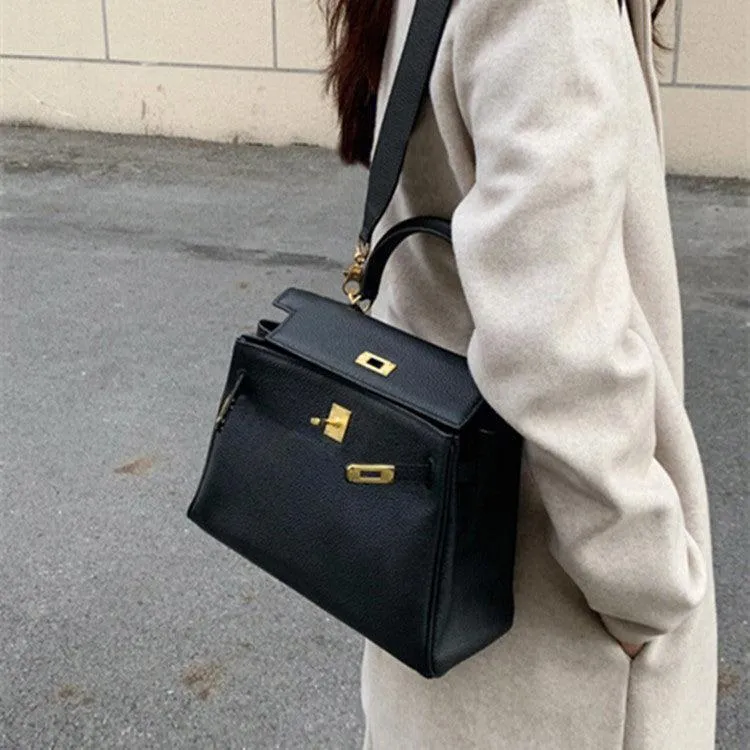 Togo Leather Brand Inspired Bag Gold Tone and Silver Tone, Must-have Leather Designer Bag, Luxury Classic Shoulder Bag, Wide Shoulder Strap