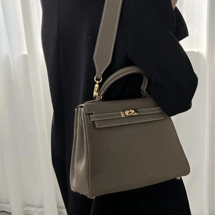 Togo Leather Brand Inspired Bag Gold Tone and Silver Tone, Must-have Leather Designer Bag, Luxury Classic Shoulder Bag, Wide Shoulder Strap