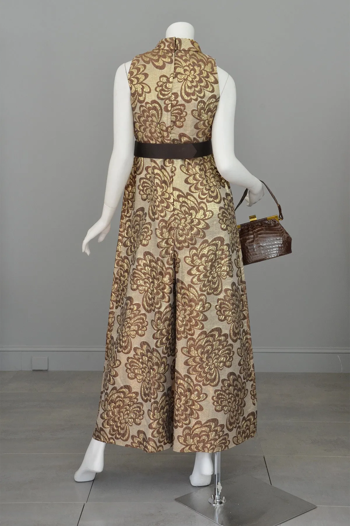 Vintage 1960s 70s Gold Metallic Mocha Palazzo Jumpsuit