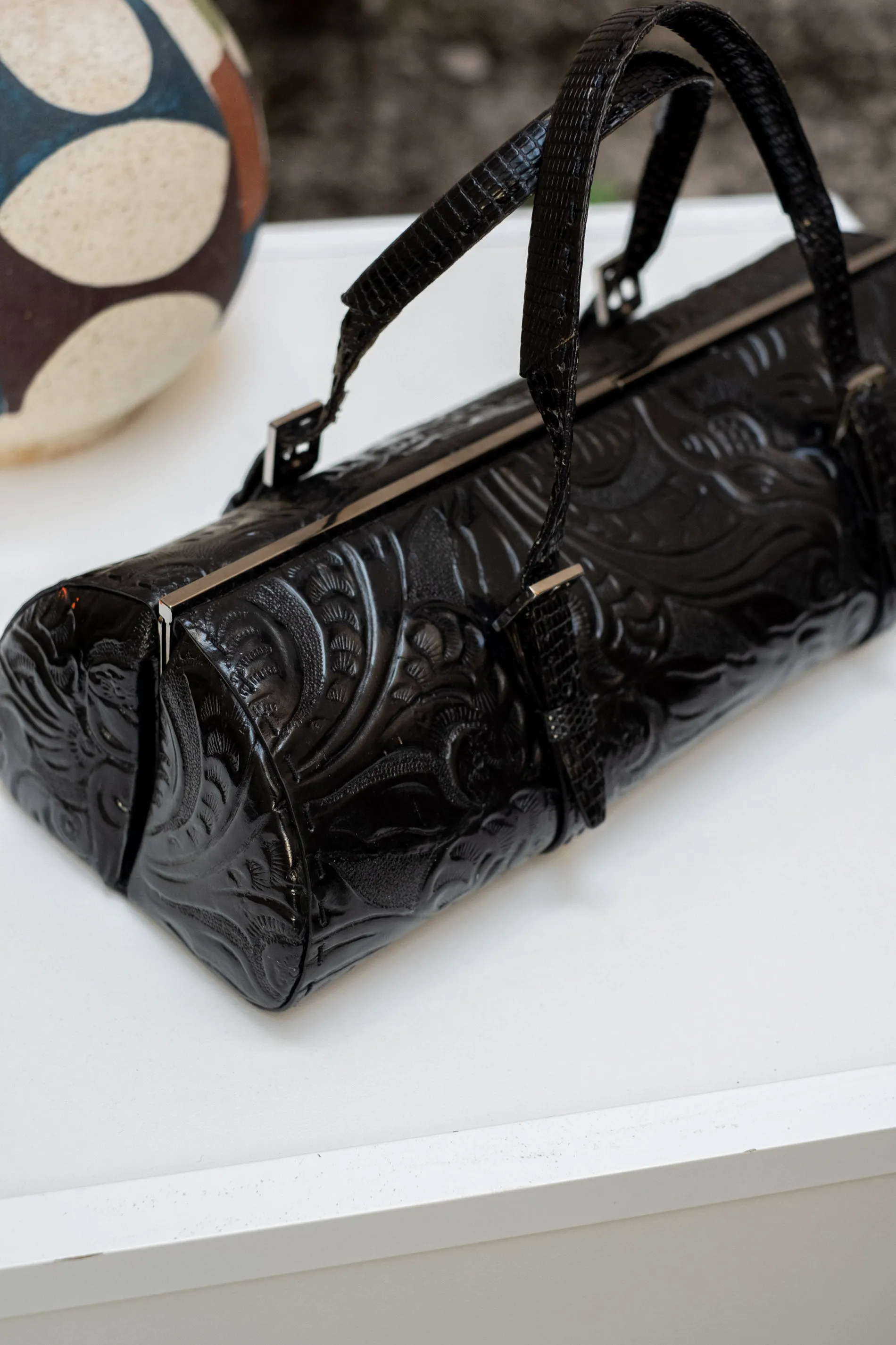 Vintage Floral Embossed Leather Baguette Purse