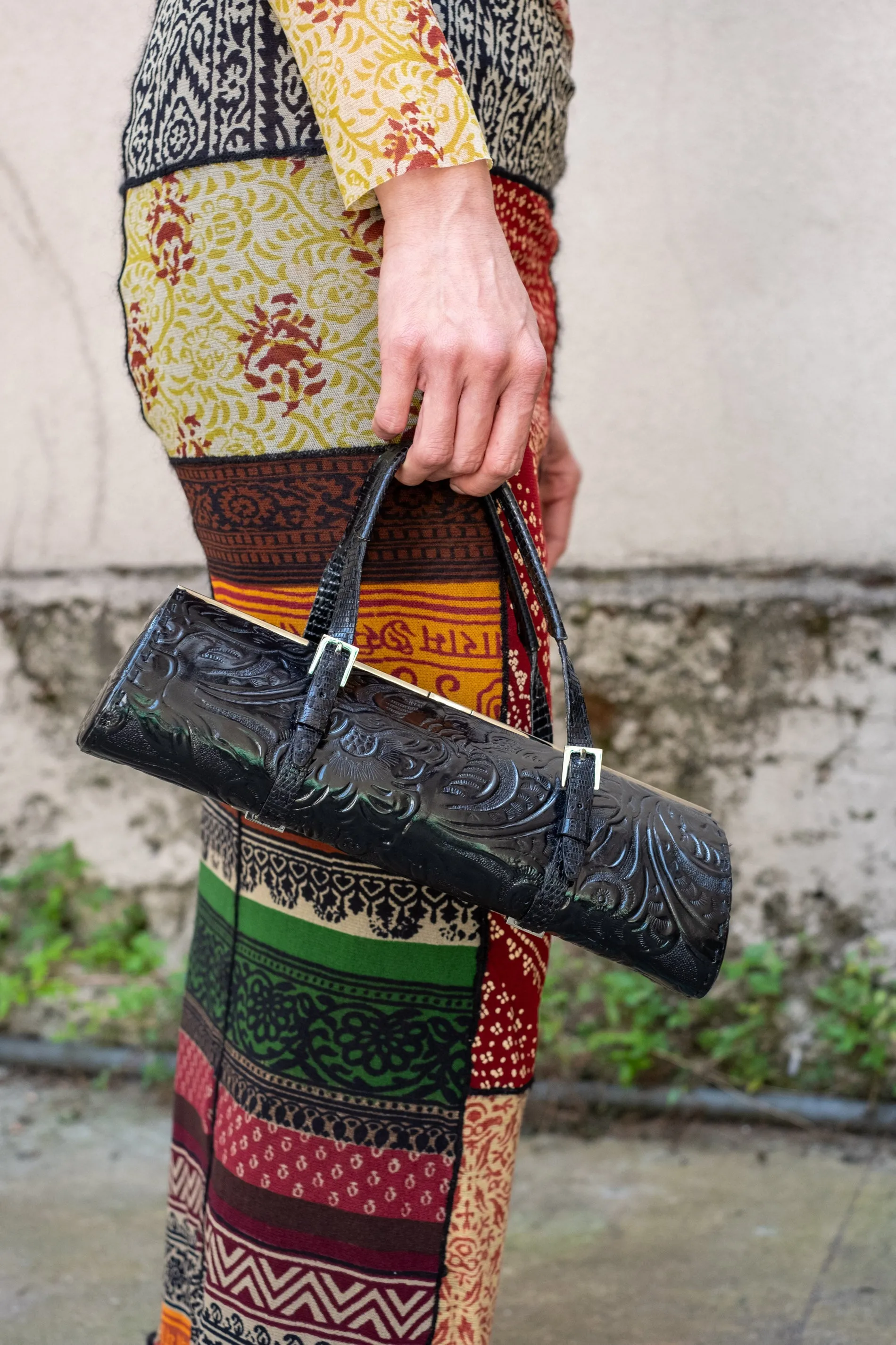 Vintage Floral Embossed Leather Baguette Purse